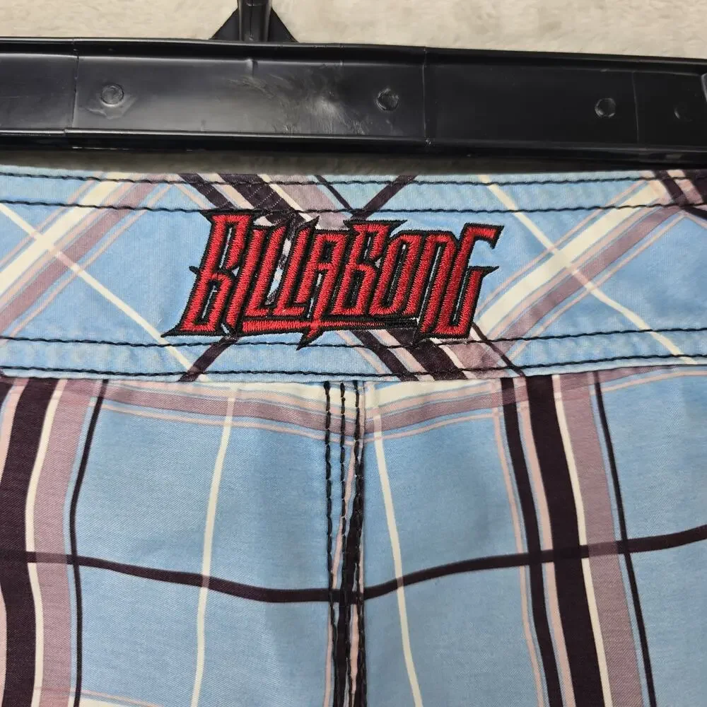 Vintage Billabong Board Shorts Mens 33 (Fits 34) Blue Plaid Skate Surf Swim Y2K